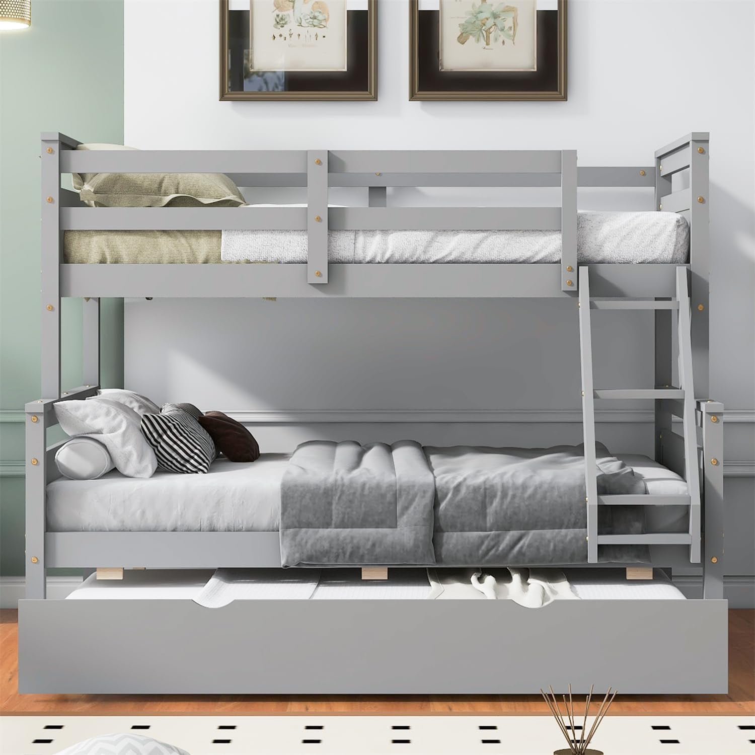 Trundle Bunk Bed, Twin over Full Wood Bunk Bed with Twin Size Trundle, Solid Wood Bunk Bed Frame with Guardrail and Ladder, Grey-4