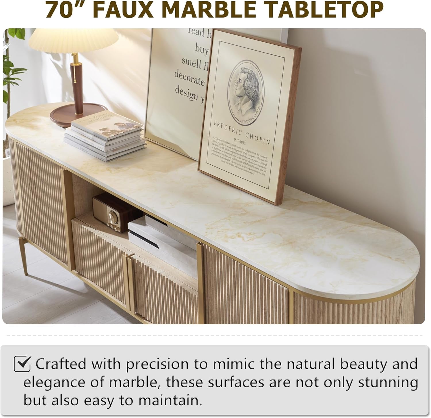 Luxury 70" Fluted TV Stand, Modern Chic Entertainment Center for Tvs up to 80 Inches, TV Console with Faux Marble Top, Curved Profile Design, Media Console for Living Room, Natural Oak-2