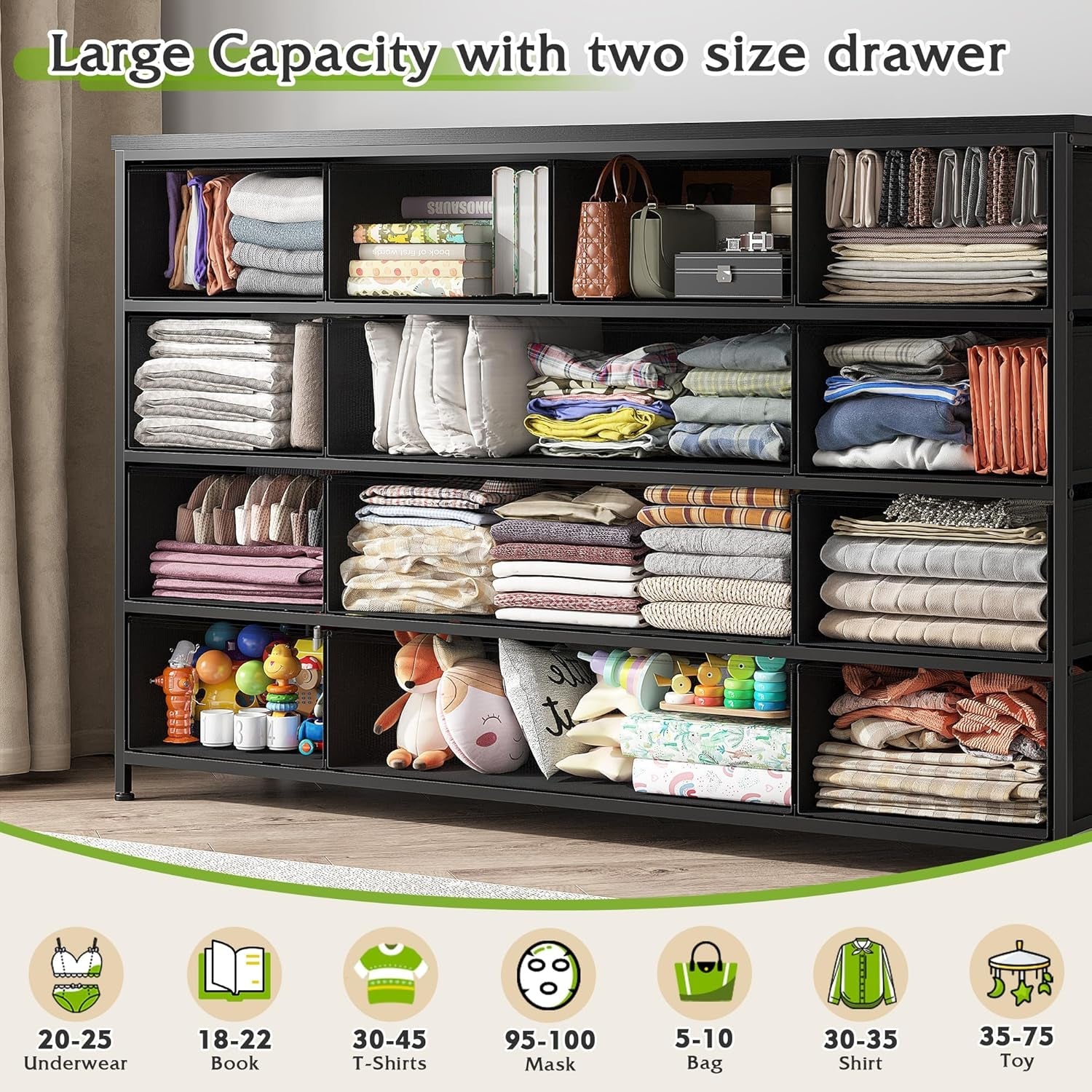 Black Dresser, Dresser for Bedroom with 13 Storage Drawers, Dressers & Chests of Drawers for 55" TV, Black Dresser for Bedroom, Long Dresser for Closet, Entryway-3