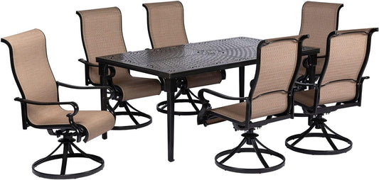 Brigantine 7-Piece Outdoor Dining Set, Weather-Resistant Patio Dining Set for 6 with Rectangular Table and Sling Swivel Rockers for Backyard, Patio, Deck, Porch, Pergola, Poolside-0