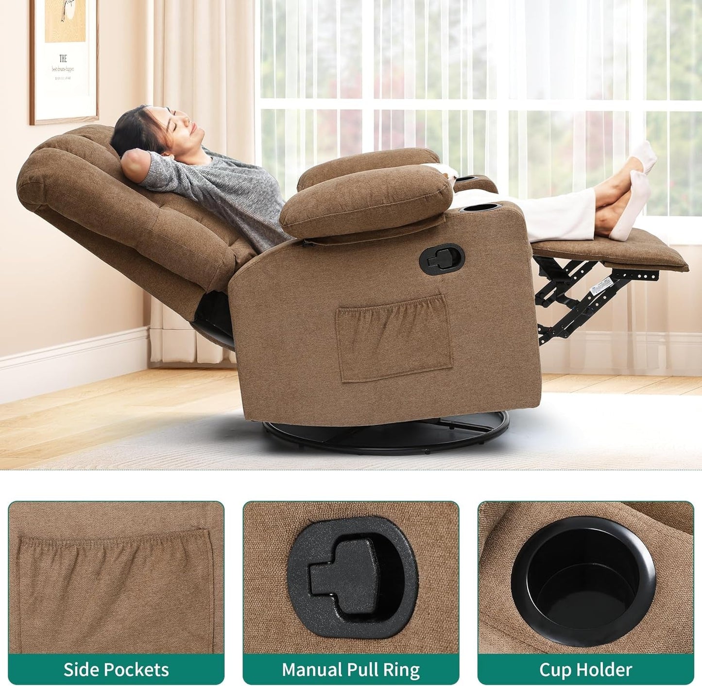360°Swivel Rocking Recliner, Comfy Recliner Chair, Fabric Manual Reclining Chair with 2 Cup Holders, Side Pockets for Living Room, Bedroom, Home Theater Seating, Brown-4