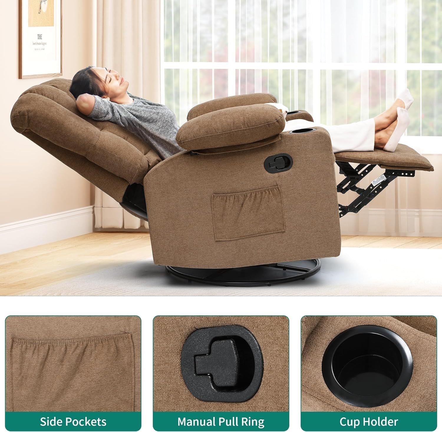 360°Swivel Rocking Recliner, Comfy Recliner Chair, Fabric Manual Reclining Chair with 2 Cup Holders, Side Pockets for Living Room, Bedroom, Home Theater Seating, Brown-4