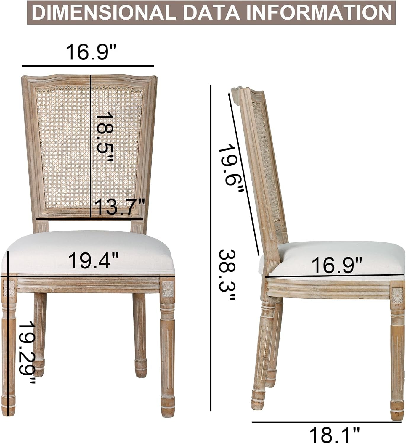 Dining Chairs Set of 2 Beige Rattan Square Back with Solid Wood Legs and Frame for French Country Kitchen Dining Room-2