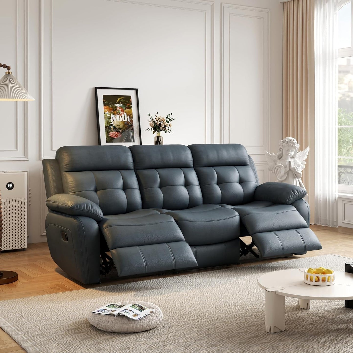 3-Seat Reclining Sofa, Tufted Power Reclining Sofa Couch with Drop down Table, PU Leather Reclining Sofa, Power Recliner for Living Room, Home Theater, Genuine Leather (Light Grey-Blue)-2