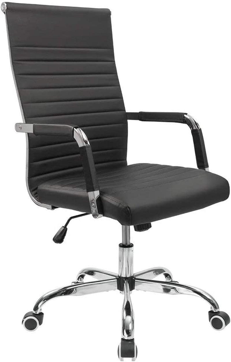 Ribbed Office Desk Chair Mid-Back PU Leather Executive Conference Task Chair Adjustable Swivel Chair with Arms (Black)-0