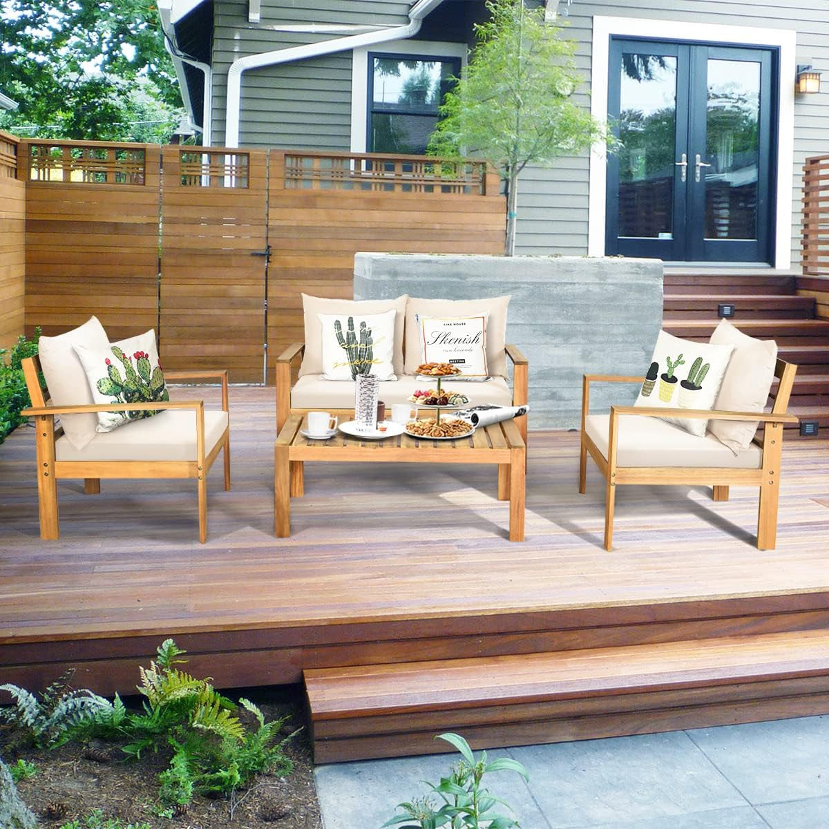 Outdoor 4-Piece Acacia Wood Chat Set, 4 Seater Acacia Wood Conversation Sofa and Table Set with Water Resistant Cushions, Teak Finished (1, White)-3