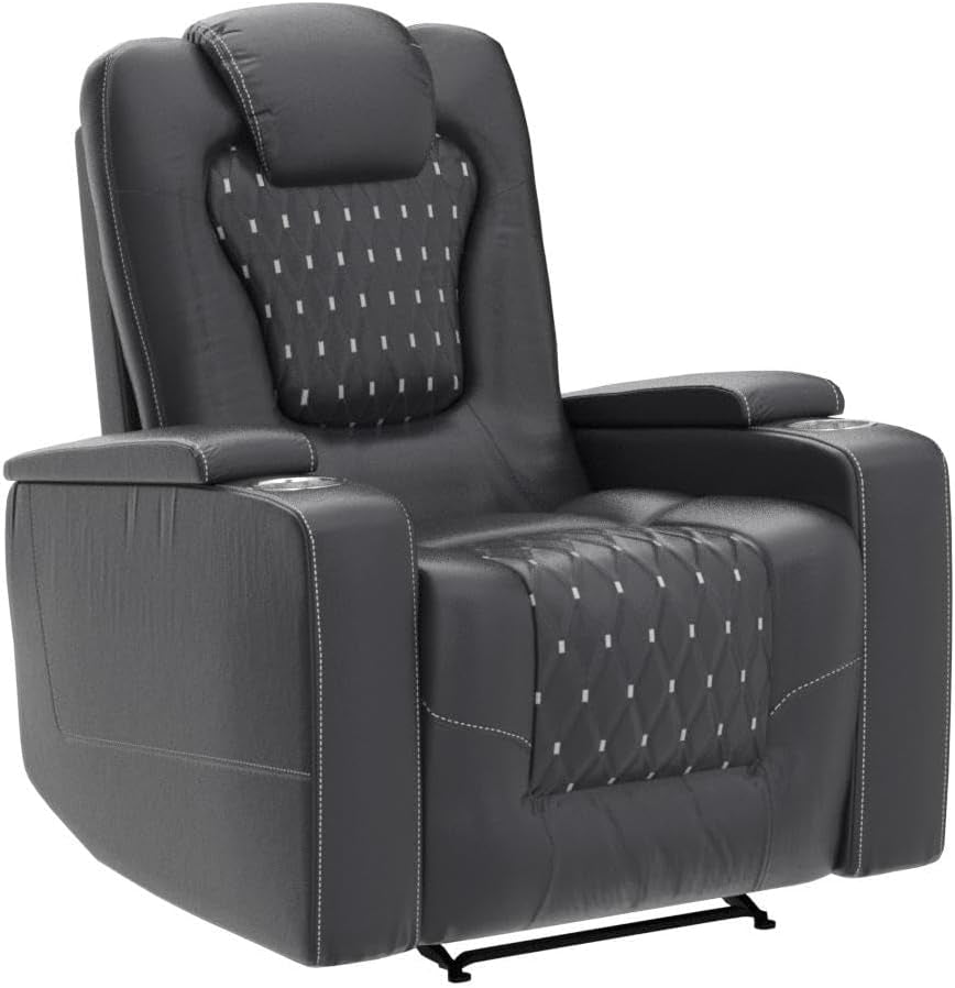 Power Recliner Chair Set of 3, Electric Soft Leather Reclining Home Theater Seating - USB Ports, Cup Holders, Hidden Arm Storage Movie & Media Room Chairs (Black)-4