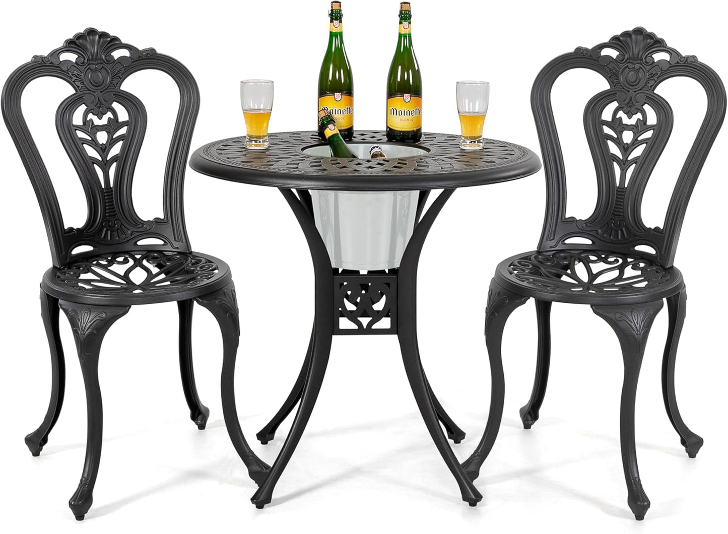 Bistro Set 3 Piece Outdoor All Weather Cast Aluminum Patio Bistro Set Patio Table and Chairs Set of 2 with Umbrella Hole for Backyard, Balcony, Lawn, Black-0