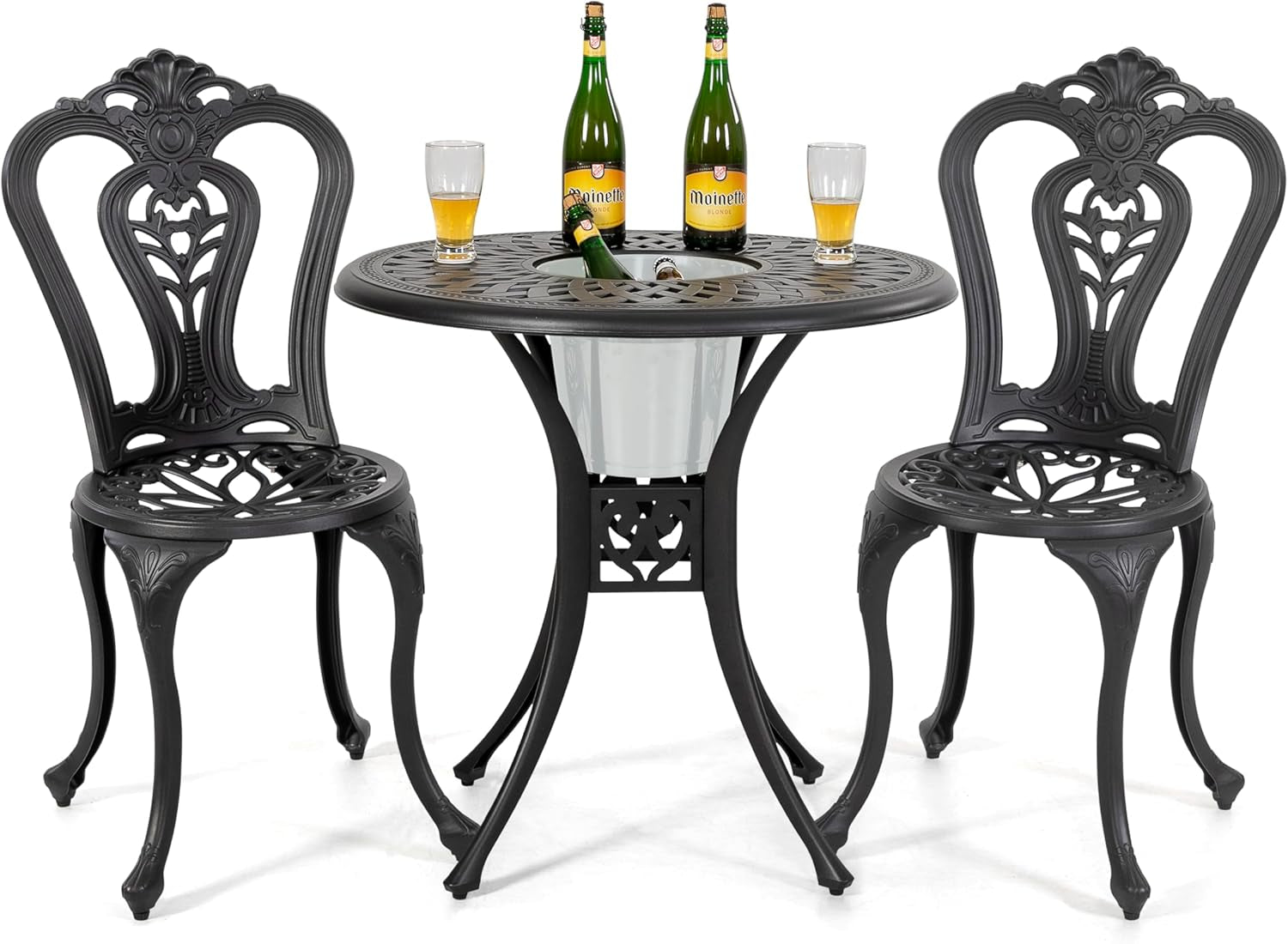 Bistro Set 3 Piece Outdoor All Weather Cast Aluminum Patio Bistro Set Patio Table and Chairs Set of 2 with Umbrella Hole for Backyard, Balcony, Lawn, Black-0