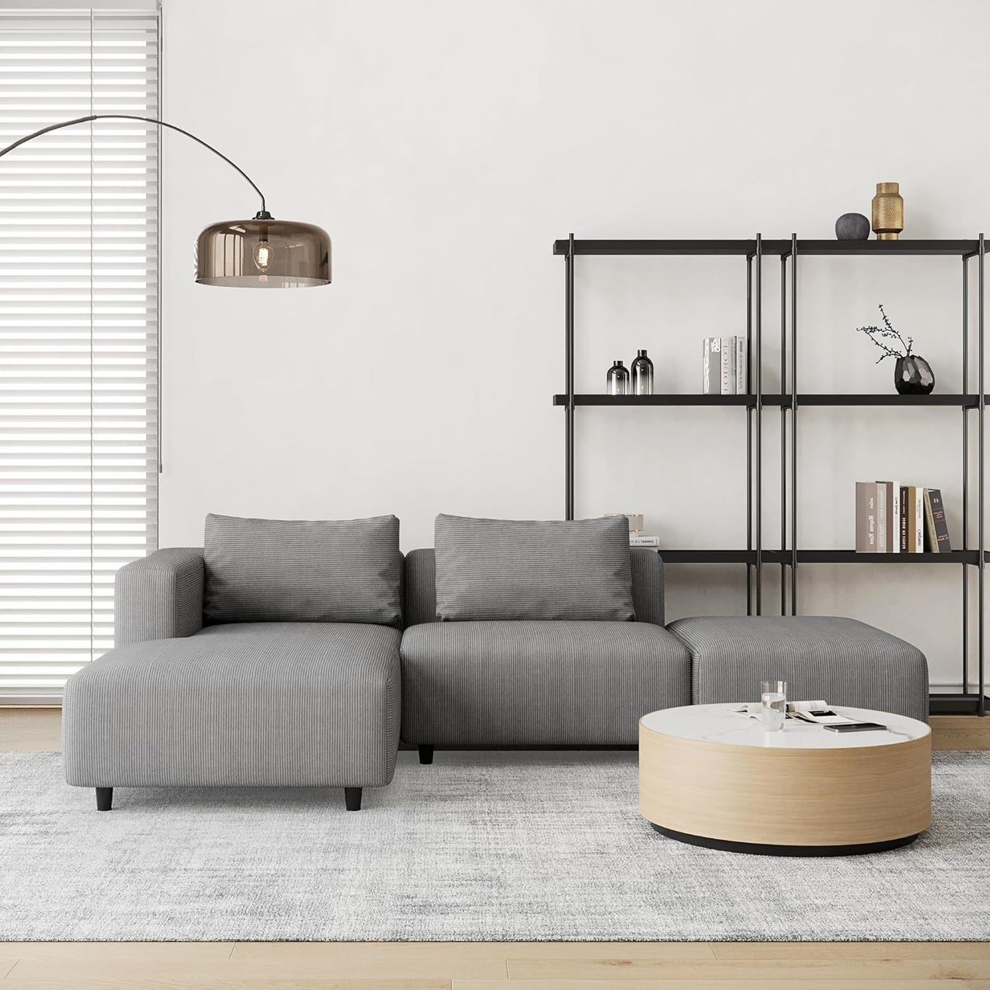 Soft Corduroy Sectional Modular Sofa Set, Modern L-Shaped Chaise Couch for Living Room, Apartment, Office, Small Spaces, Grey-0