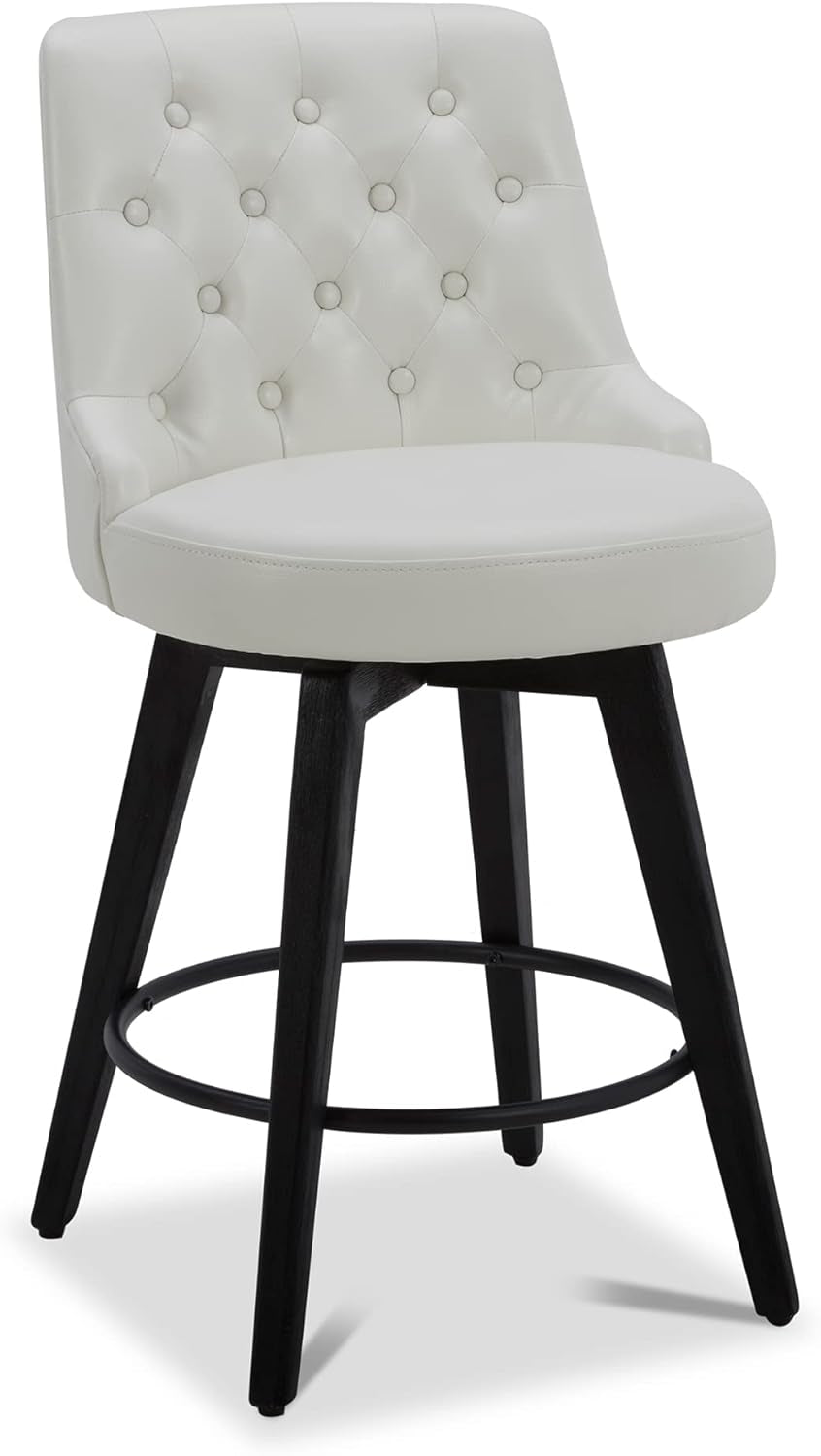 Counter Height Bar Stools, Faux Leather Upholstered Modern Swivel Barstool with Back, Solid Wood Legs, 26" H Seat, White-0