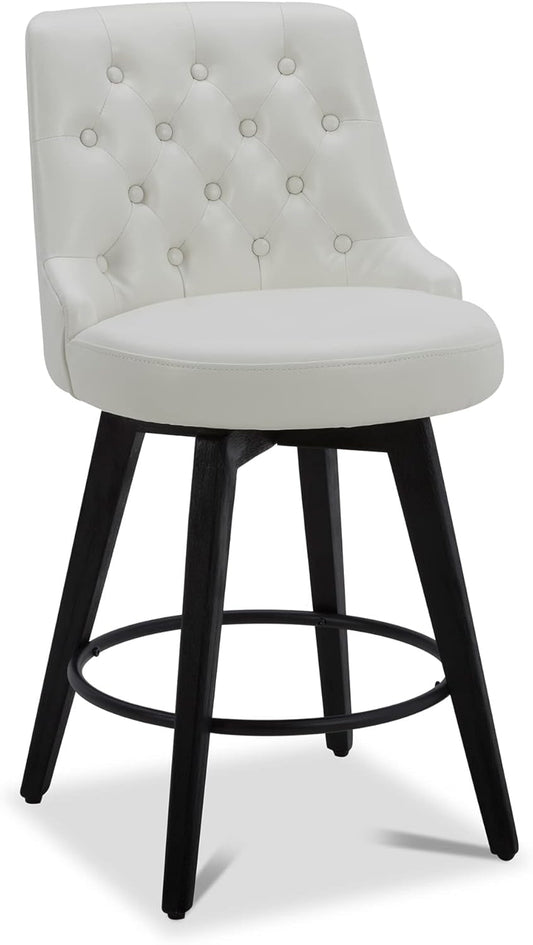 Counter Height Bar Stools, Faux Leather Upholstered Modern Swivel Barstool with Back, Solid Wood Legs, 26" H Seat, White-0
