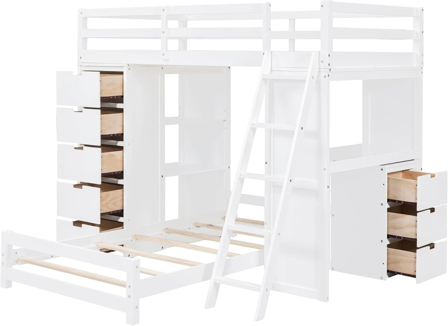 Modern Twin Wood Bunk Bed with LED Light and USB Ports, Storage Bunk Bed with Desk, Ladder for Bedroom, Dorm,Appartment Space-Saving White-3