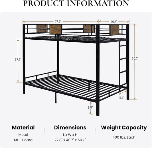 Loft Bunk Bed Twin over Twin Size with Ladder and Guardrail,Rustic Design,Metal Slats Support No Box Spring Needed Small Space Saving Furniture for Bedroom Dorm-1