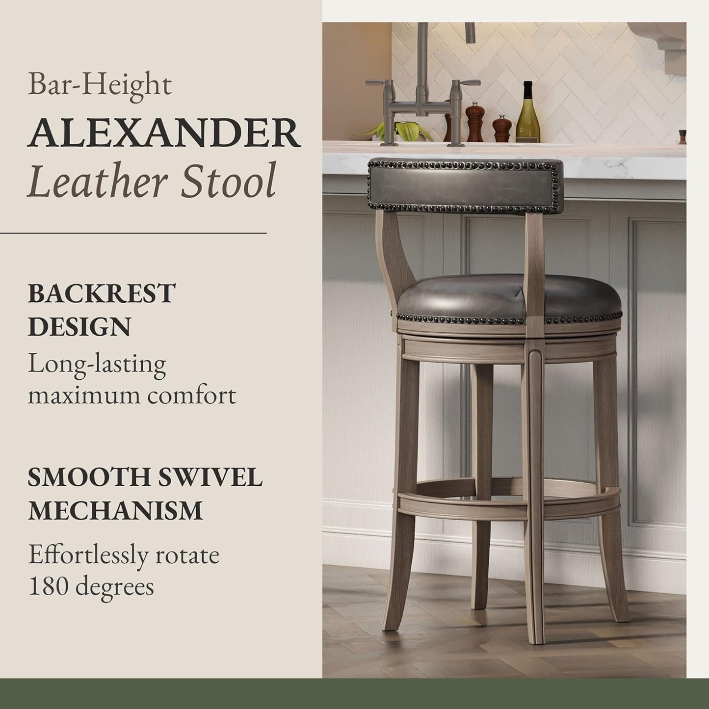 Alexander 31 Inch Tall Bar Height Rotating Low Back Barstool in Reclaimed Oak Finish with Ronan Stone Vegan Leather Seat, Set of 2-3