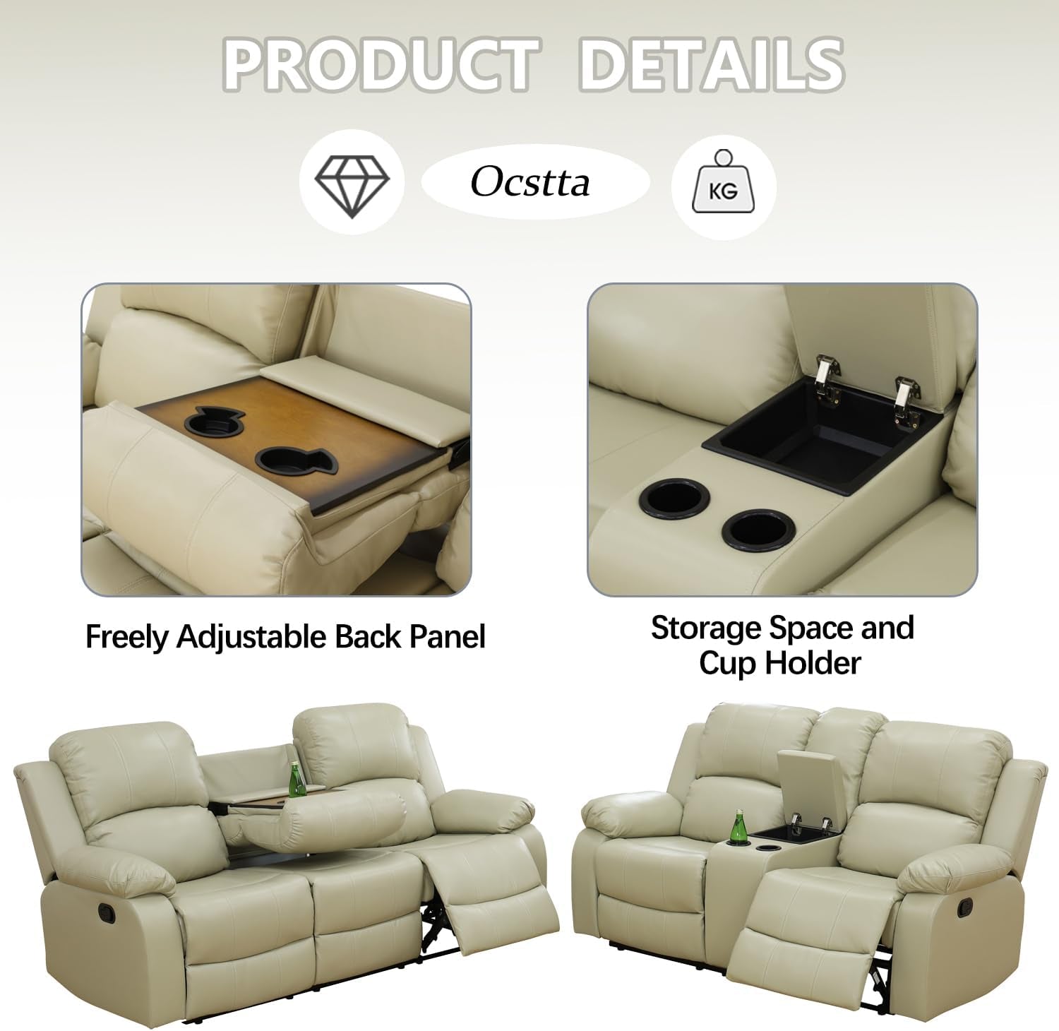 Manual Leather Sofa Recliner Set for Living Room Furniture Set,Leather Recliner Couch Set for Home/Office,Leather Reclining Sofa Set for 3-Pieces(Sofa+Loveseat+Chair) Beige-2