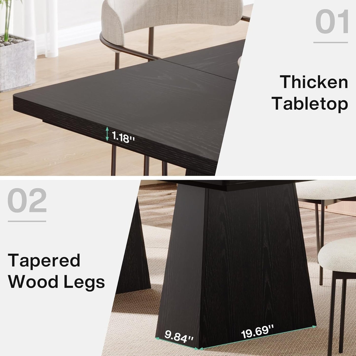 63-Inch Black Dining Table for 4-6, Modern Kitchen Table with Sturdy Tapered Wood Legs, Rectangular Dinner Table with Large Tabletop for Dining Room, Kitchen, Living Room,Black-3