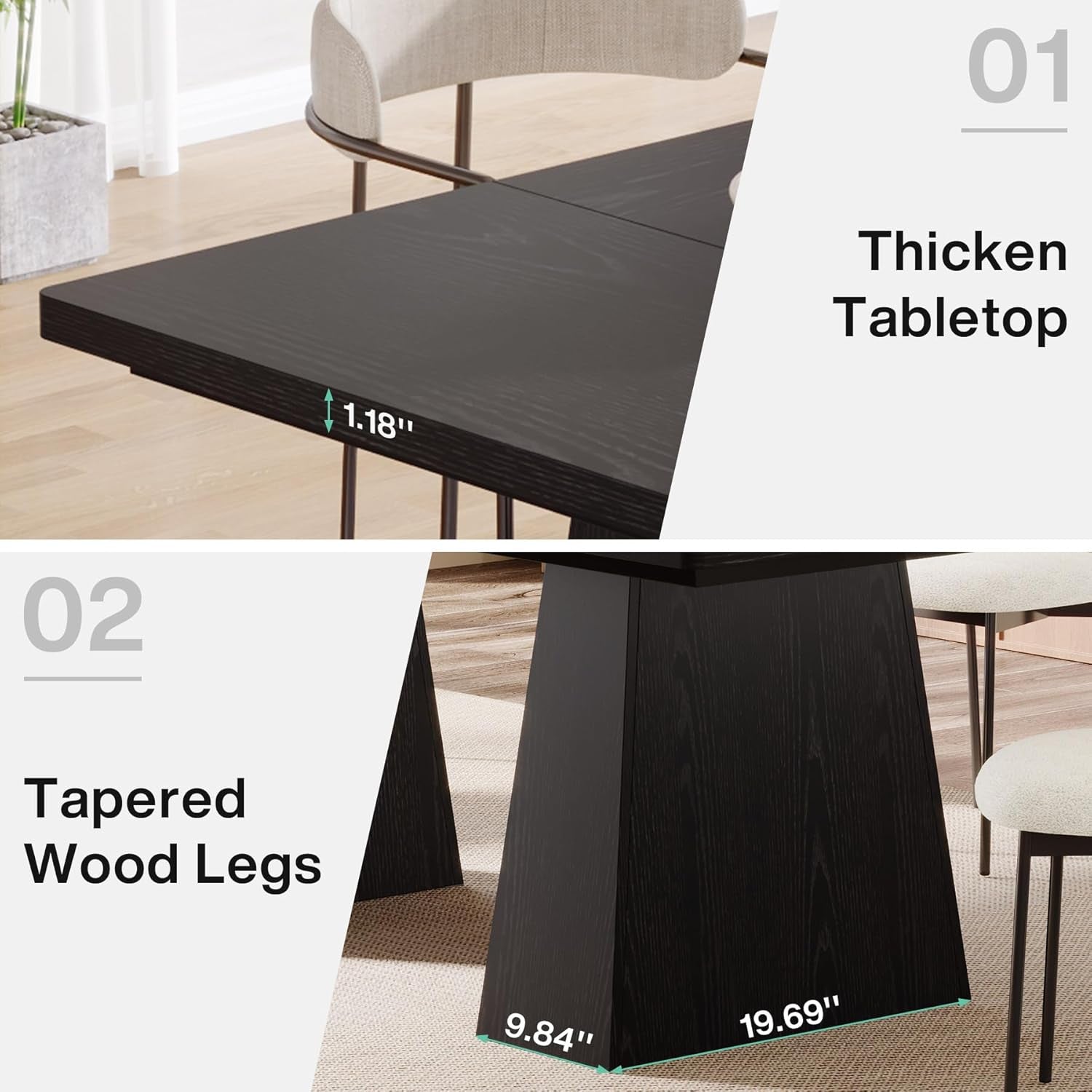 63-Inch Black Dining Table for 4-6, Modern Kitchen Table with Sturdy Tapered Wood Legs, Rectangular Dinner Table with Large Tabletop for Dining Room, Kitchen, Living Room,Black-3
