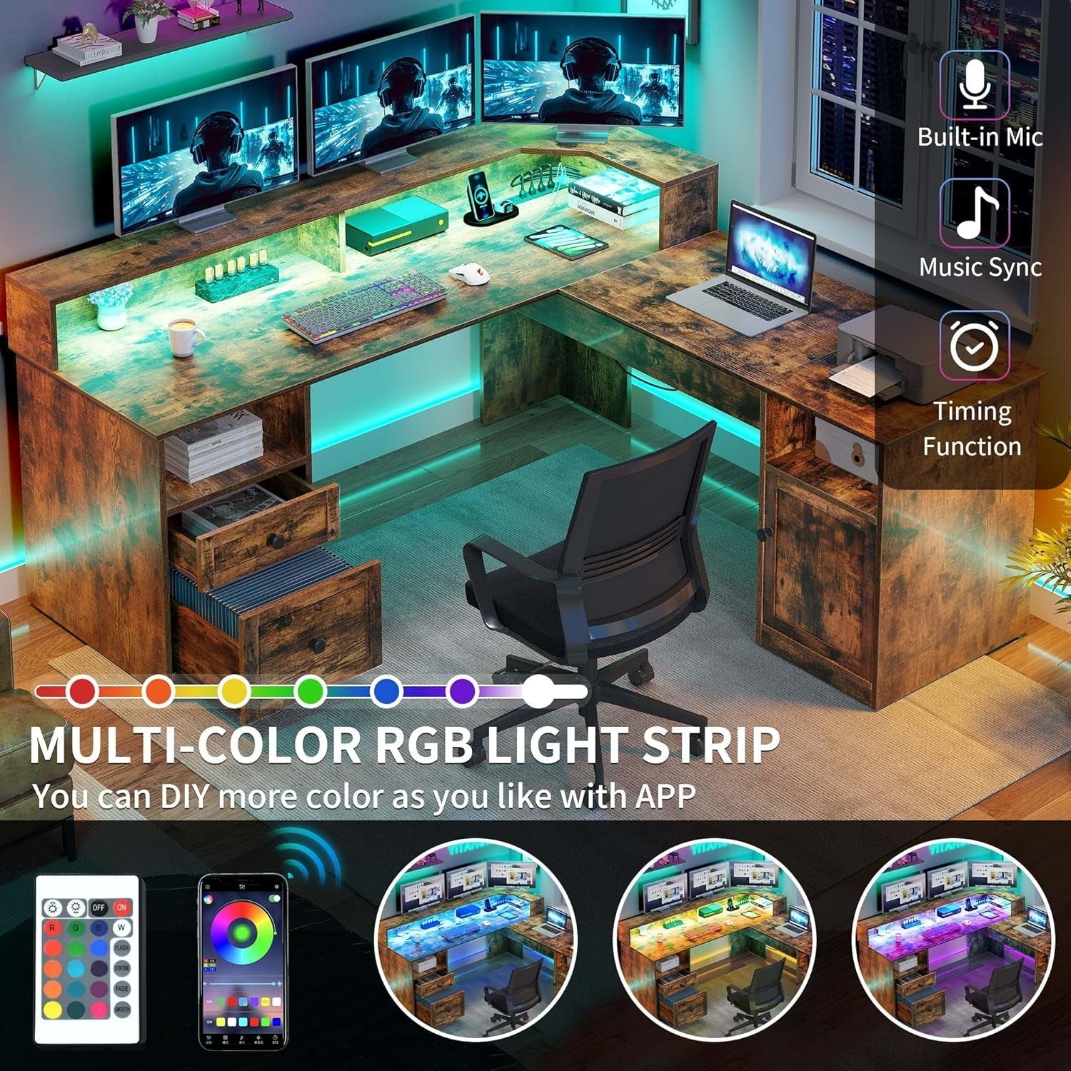 L Shaped Desk with Power Outlets & LED Lights, 60” Corner Computer Desk with Drawers & Lift Top, Home Office Desk with Monitor Stand & File Cabinet, Wood Height Adjustable Desk, Rustic Brown-3