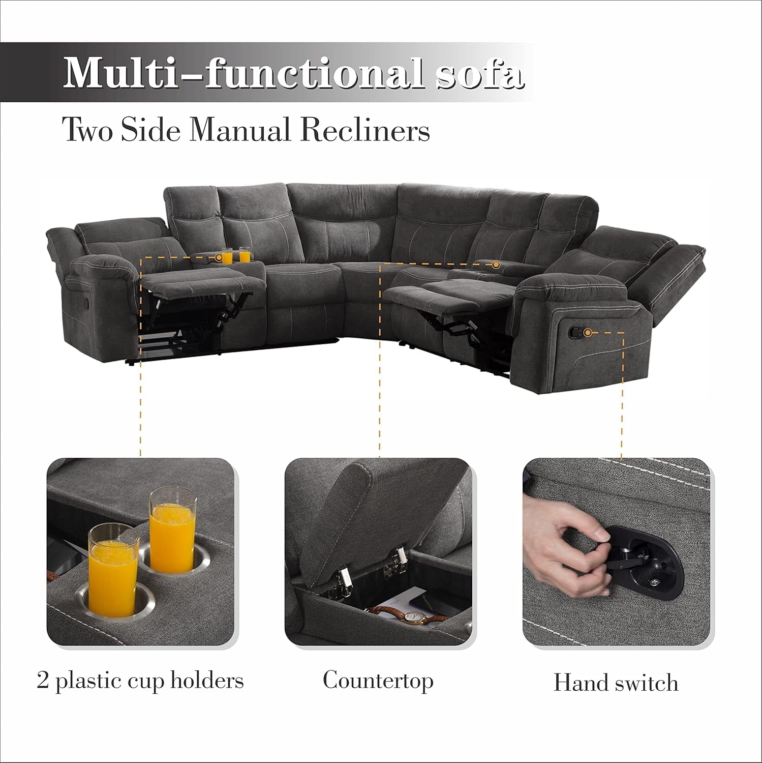 Manual Reclining Sectional Sofa  Premium Fabric, Console-3