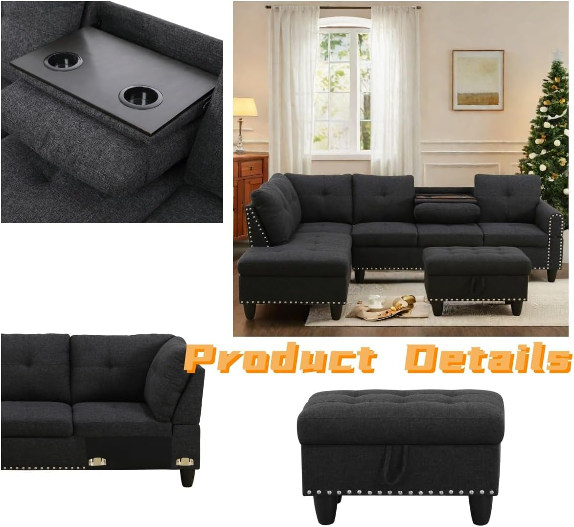 L Shaped Sectional Couch with Otttoman, 97" Sectional Sofa for Living Room Flannel Modular Couches with Cup Holders for Bedroom, Apartments, Black Grey-2