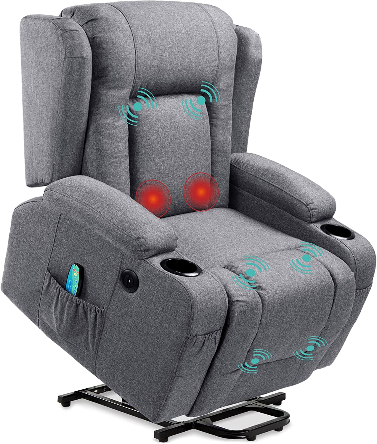 Modern Linen Electric Power Lift Chair, Recliner Massage Chair, Adjustable Furniture for Back, Legs W/ 3 Positions, USB Port, Heat, Cupholders, Easy-To-Reach Button - Gray-0