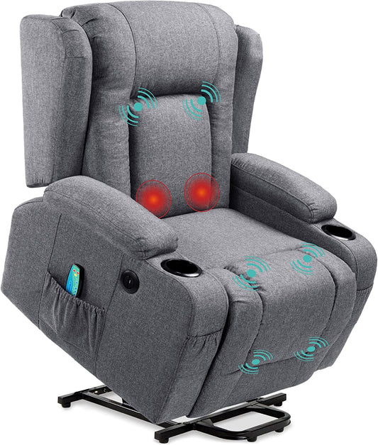 Modern Linen Electric Power Lift Chair, Recliner Massage Chair, Adjustable Furniture for Back, Legs W/ 3 Positions, USB Port, Heat, Cupholders, Easy-To-Reach Button - Gray-0