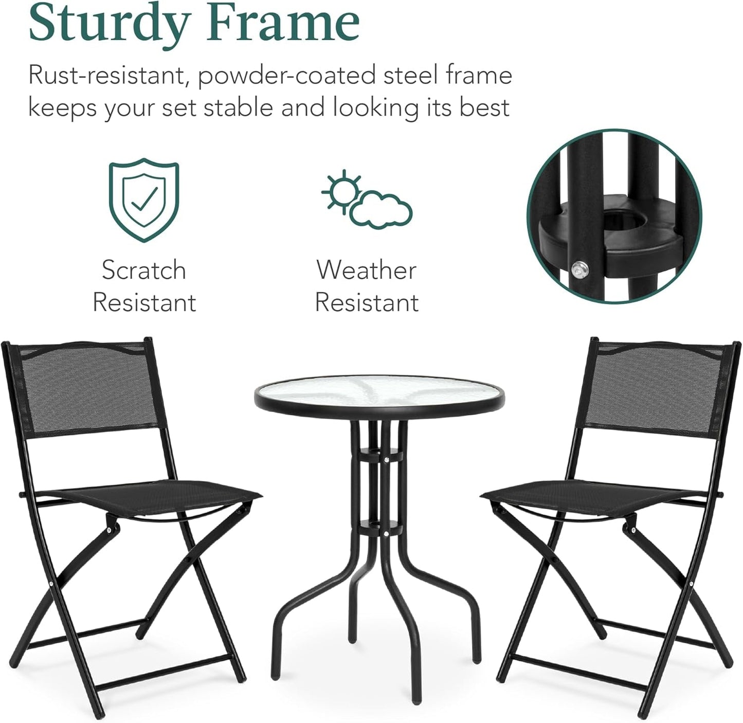 3-Piece Patio Bistro Dining Furniture Set W/Textured Glass Tabletop, 2 Steel Folding Chairs, Polyester Fabric - Black-4