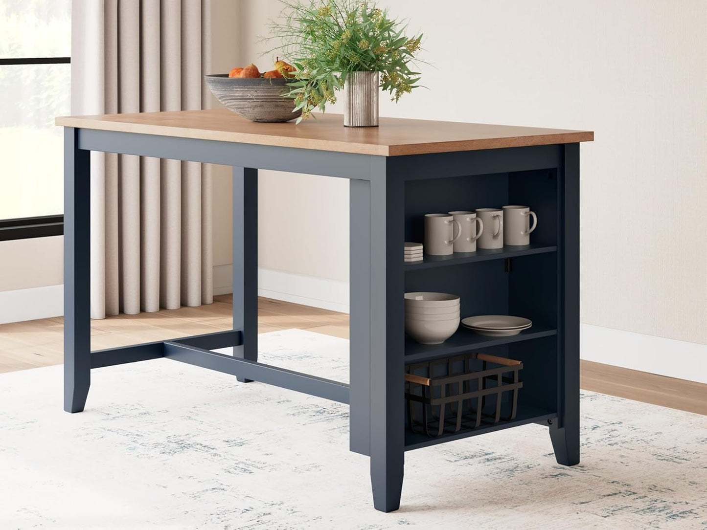 Gesthaven Modern Counter Height Dining Table with 3 Shelves and Trestle Base, Light Brown & Blue-1