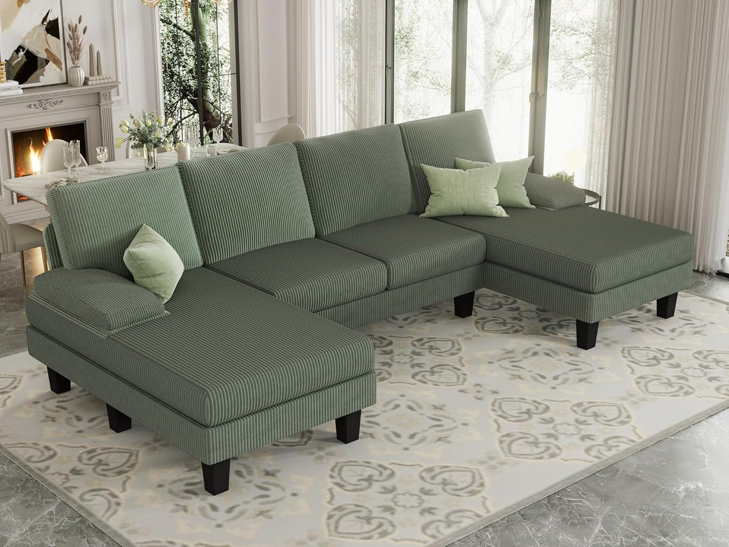 Sofa 110” Corduroy Sectional Comfy Couches for Living Room, Modern Deep Removable Back and Seat Cushions, 4 Seater Fluffy Sleeper with Soft Armrest, Green-2