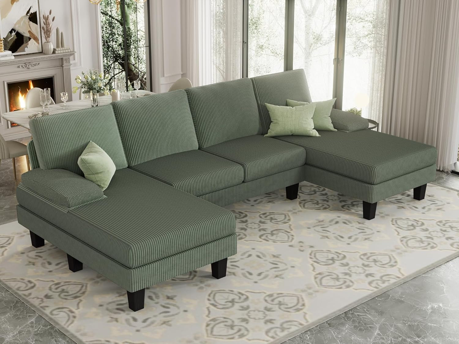 Sofa 110” Corduroy Sectional Comfy Couches for Living Room, Modern Deep Removable Back and Seat Cushions, 4 Seater Fluffy Sleeper with Soft Armrest, Green-2