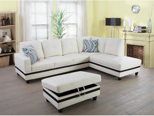 Sectional Sofa Faux Leather Modern L Shaped Couch Set 103.5”Wide Including Chaise and 3 Seating Sofa with Storage Ottoman for Living Room Furniture (Right Hand Facing, A-White)-0