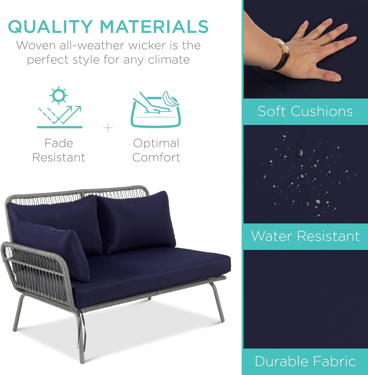 Outdoor Rope Woven Sectional Patio Furniture L-Shaped Conversation Sofa Set for Backyard, Porch W/Thick Cushions, Detachable Lounger, Side Table - Gray/Navy-1