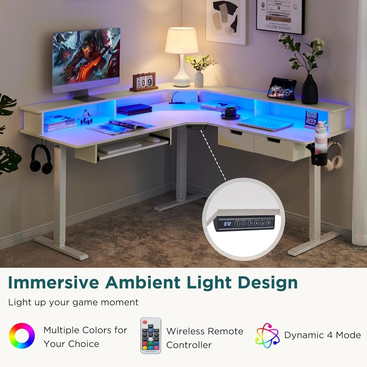 60 Inches L Shaped Electric Standing Desk, Height Adjustable Corner Gaming Desk with Drawers, Keyboard Tray, Power Outlets & LED Lights, Computer Desk with Monitor Shelf, Antique White-2