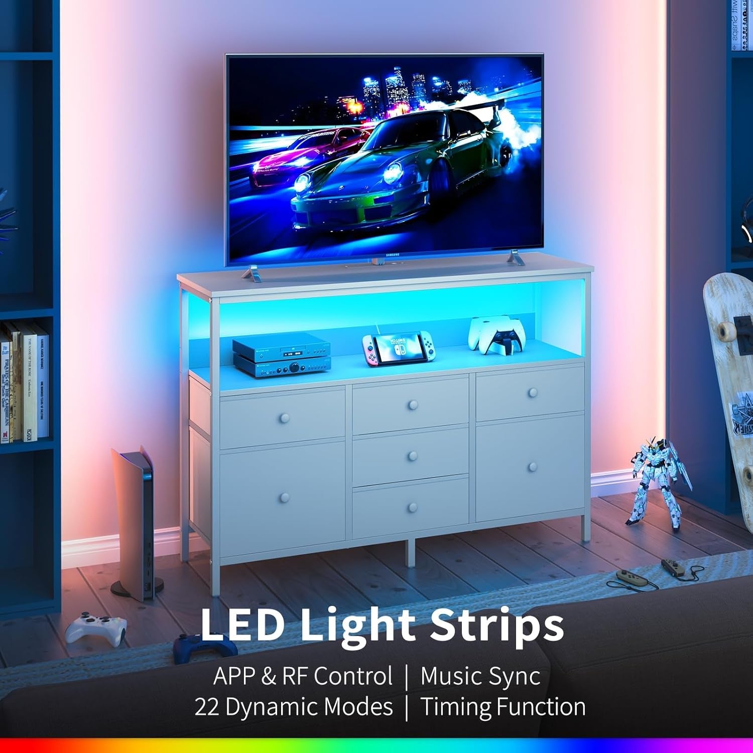 TV Stand Dresser for Bedroom, 7 Fabric Drawers Entertainment Center, LED Dressers with Power Outlets, TV Stands for Living Room with Storage Shelf, TV Console Entertainment Stand up to 50" TV-3