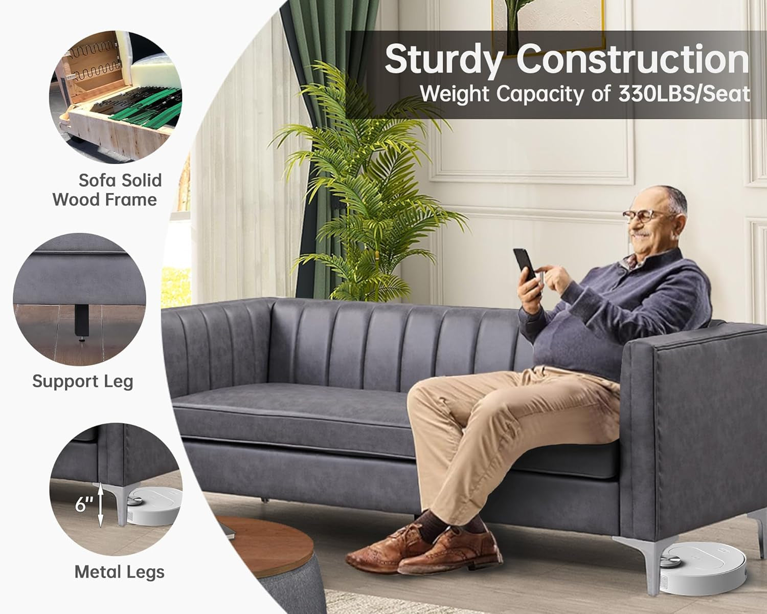 3 Pieces Living Room Furniture Small Sofa Set, Faux Leather Comfy Couch Set Modern Minimalist Upholstered with Metal Legs for Bedroom, Apartment Office, Grey-2