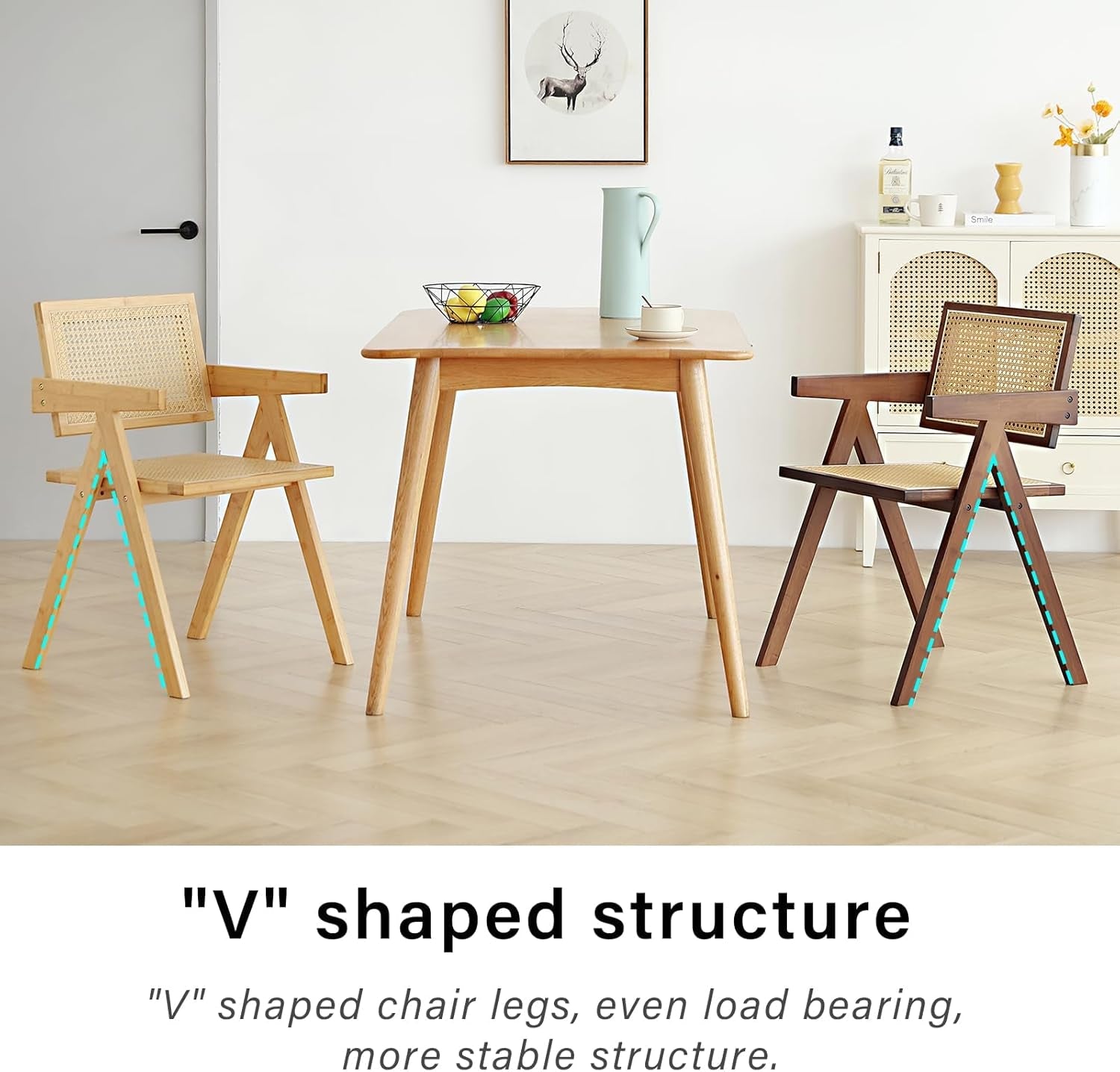 Rattan Dining Chairs Set of 2, Mid Century Modern Armchairs, Wooden Kitchen Chairs for Dining Room, Living Room, Walnut-3