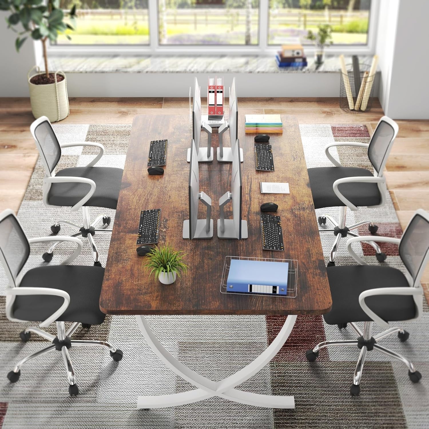 Executive Desk, 63” W X 31.5” D Large Office Desk, Modern Computer Desk Conference Table Meeting Room Table, Business Furniture for Home Office, White and Walnut-3