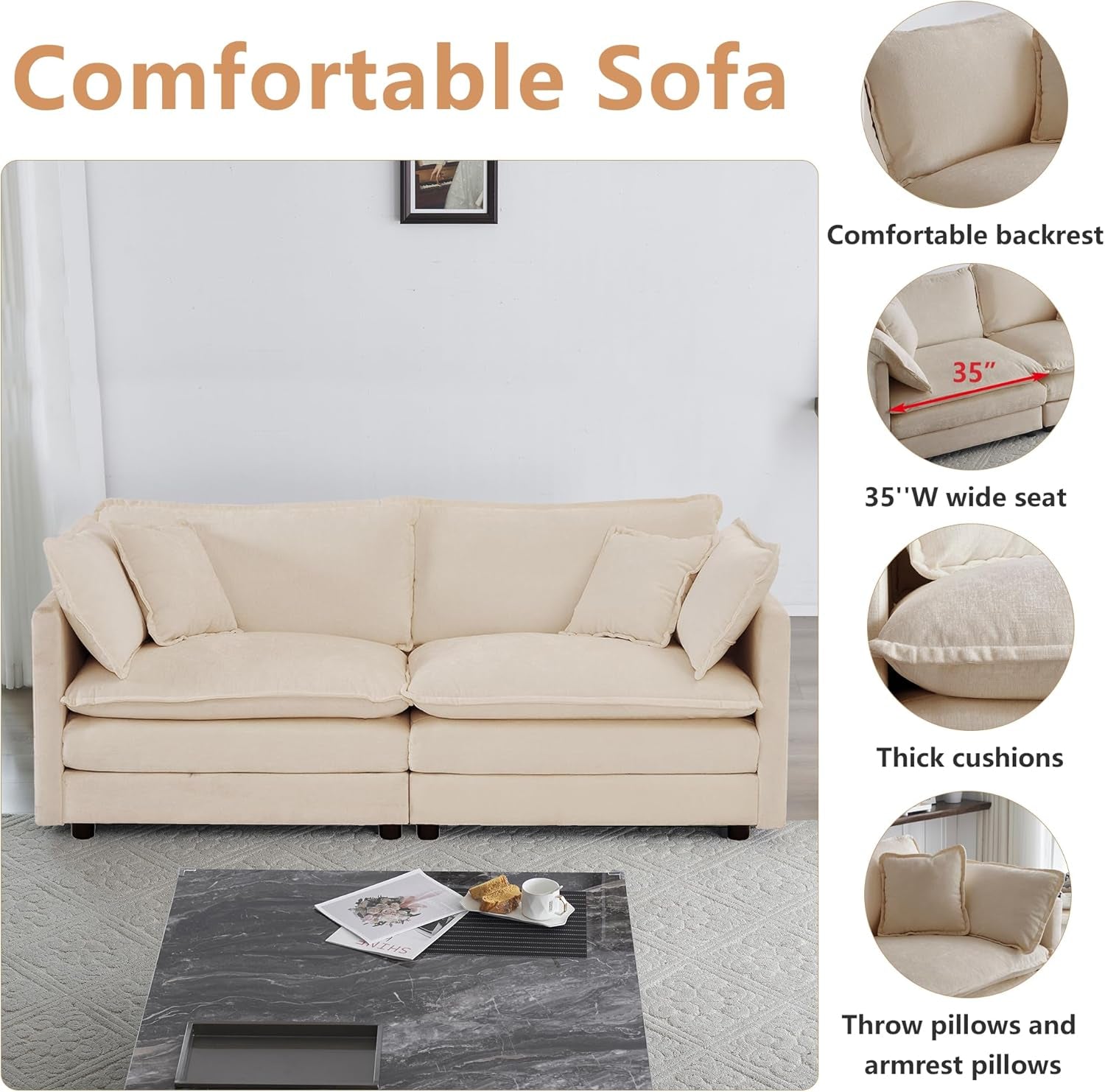 Luxury 2 Piece Loveseat Couch & Sofa Armchair Set, Modern Upholstered Chenille Cloud Couches Set Furniture with 5 Pillow for Living Room Bedroom Office Apartment, Light Coffee-2