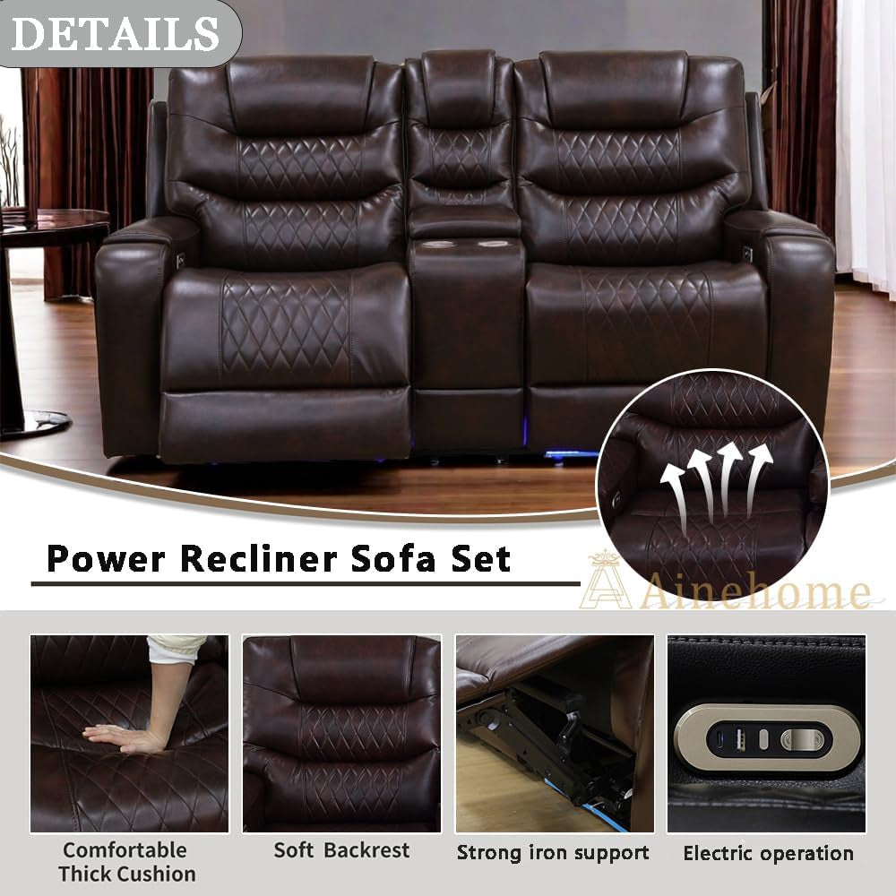 LED Power Recliner Sofa for Living Room Furniture Set, Leather Sectional Sofa Set, Reclining Sofa and Loveseat with USB Port/Storage Console/Cup Holders(Dark Brown Loveseat)-4