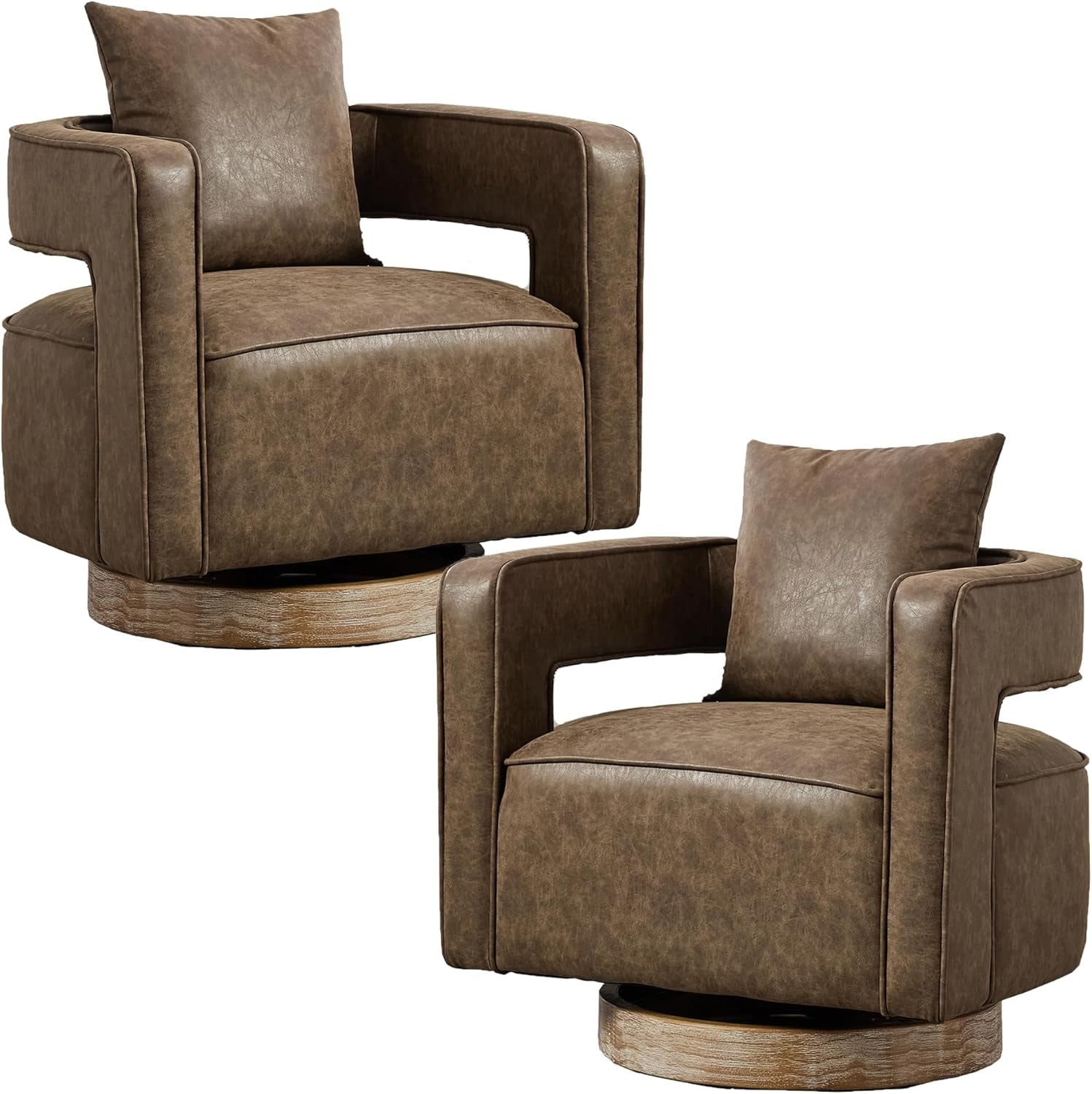 Swivel Accent Chair Set of 2, Modern Swivel Barrel Chair for Living Room, 360 Degree Comfy Square Swivel Chair with Open Back, Upholstered Armchair for Bedroom,Reading, PU Leather, Coffee-0