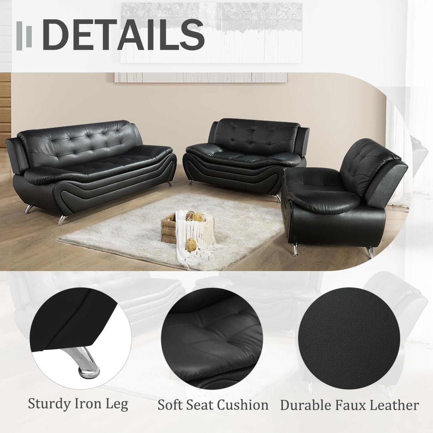 3 Piece Living Room Furniture Set, Leather Sofa Set for Living Room, Modern Couch Set with 3-Seater Sofa, Lovesat and Armchair (Black 1)-2