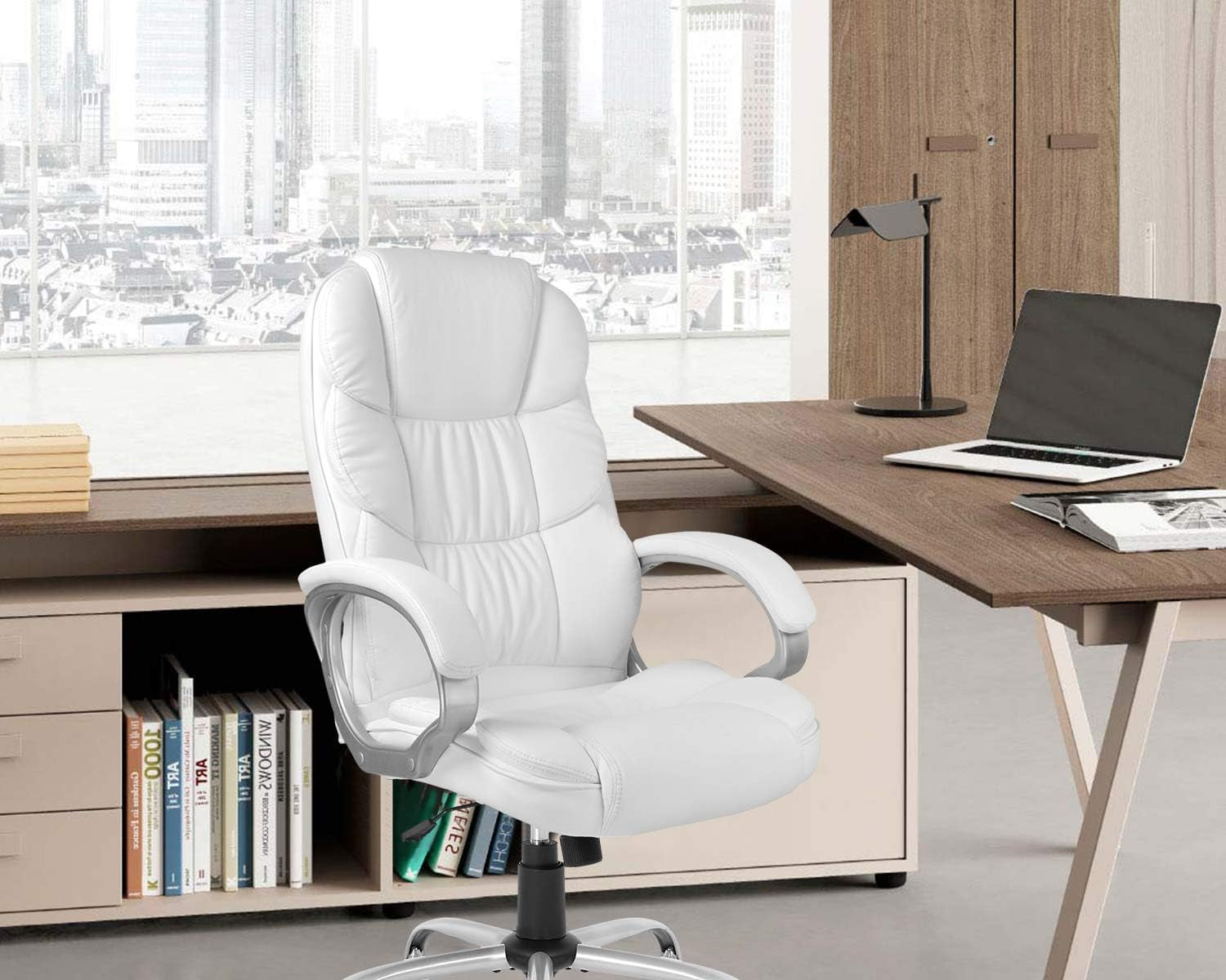 Office Chair Computer High Back Adjustable Ergonomic Desk Chair Executive PU Leather Swivel Task Chair with Armrests Lumbar Support (White)-1