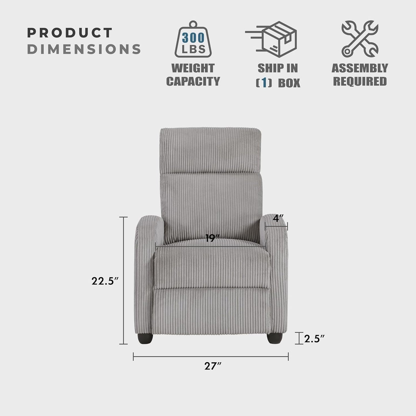 Pushback Recliner Chair Armchair Push Back Recliner, Corduroy Chair with Solid Wood Frame and Metal Seat Base, Single Sofa Accent Chair for Living Room/Office/Apartment, Light Grey-1