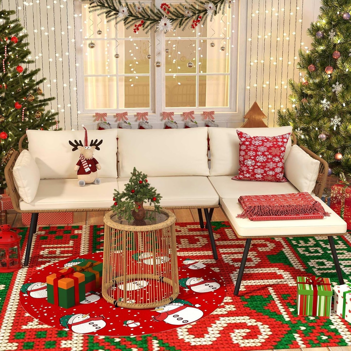 3 Pieces Patio Furniture Set, Outdoor Wicker Conversation Sectional L-Shaped Sofa with 4 Seater for Backyard, Porch, Boho Detachable Lounger with Cushions and Coffee Table - Beige-2