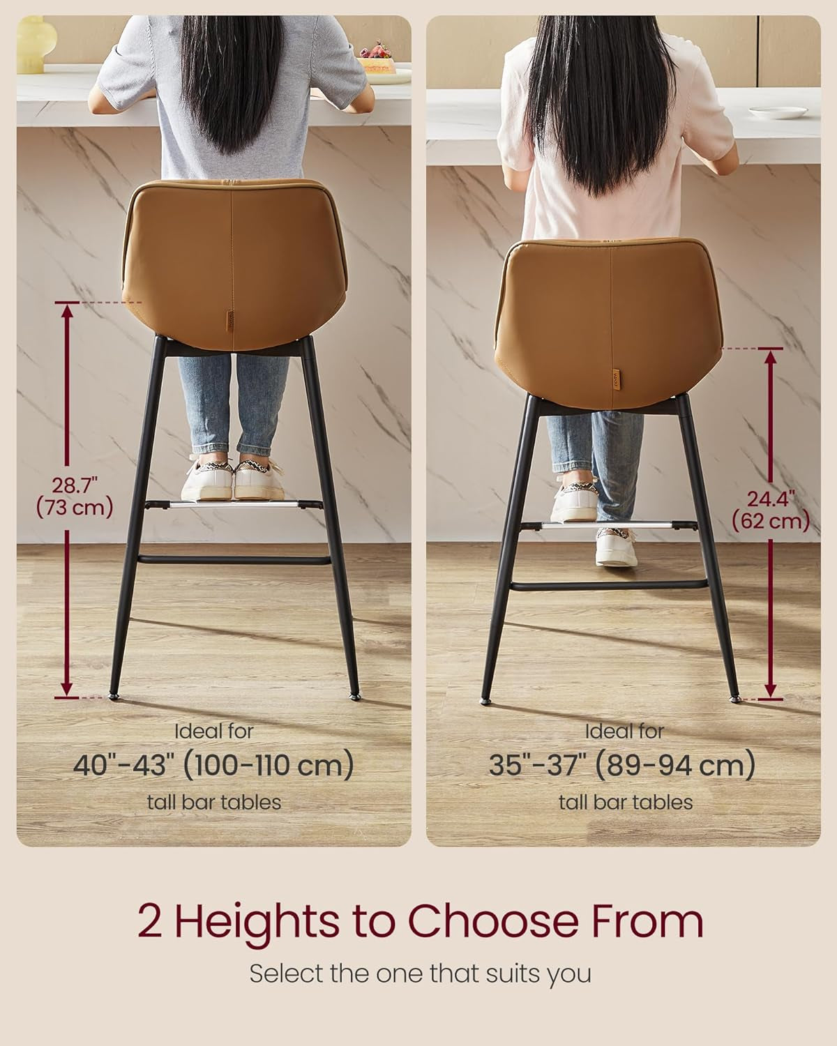 Bar Stools Set of 2, Bar Height Bar Stools with Back, Ergonomic Backrest, Synthetic Leather, Metal Legs, 28.7-Inch Tall Stools for Kitchen Island Home Bar, Caramel Brown ULBC888K01-1