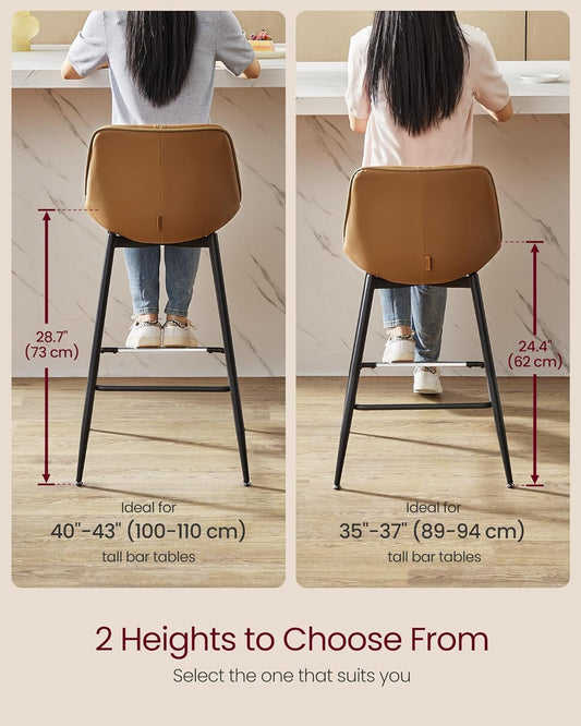 Bar Stools Set of 2, Bar Height Bar Stools with Back, Ergonomic Backrest, Synthetic Leather, Metal Legs, 28.7-Inch Tall Stools for Kitchen Island Home Bar, Caramel Brown ULBC888K01-1