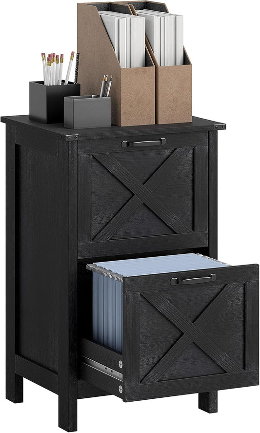 2 Drawer Vertical File Cabinet with Silent Slides, Rustic Farmhouse Filing Cabinet with Barn Doors for A4/Letter Size, Printer Stand with Storage for Home Office, Distressed Black-0