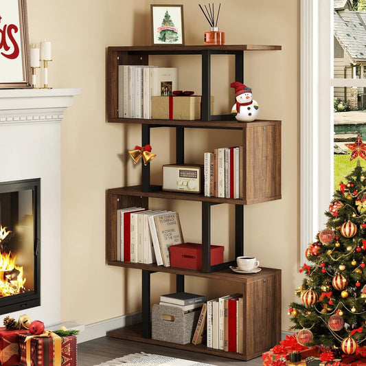 5-Tier Bookshelf, S-Shaped Z-Shelf Bookshelves and Bookcase, Industrial Freestanding Multifunctional Decorative Storage Shelving for Living Room Home Office, Retro Brown-0