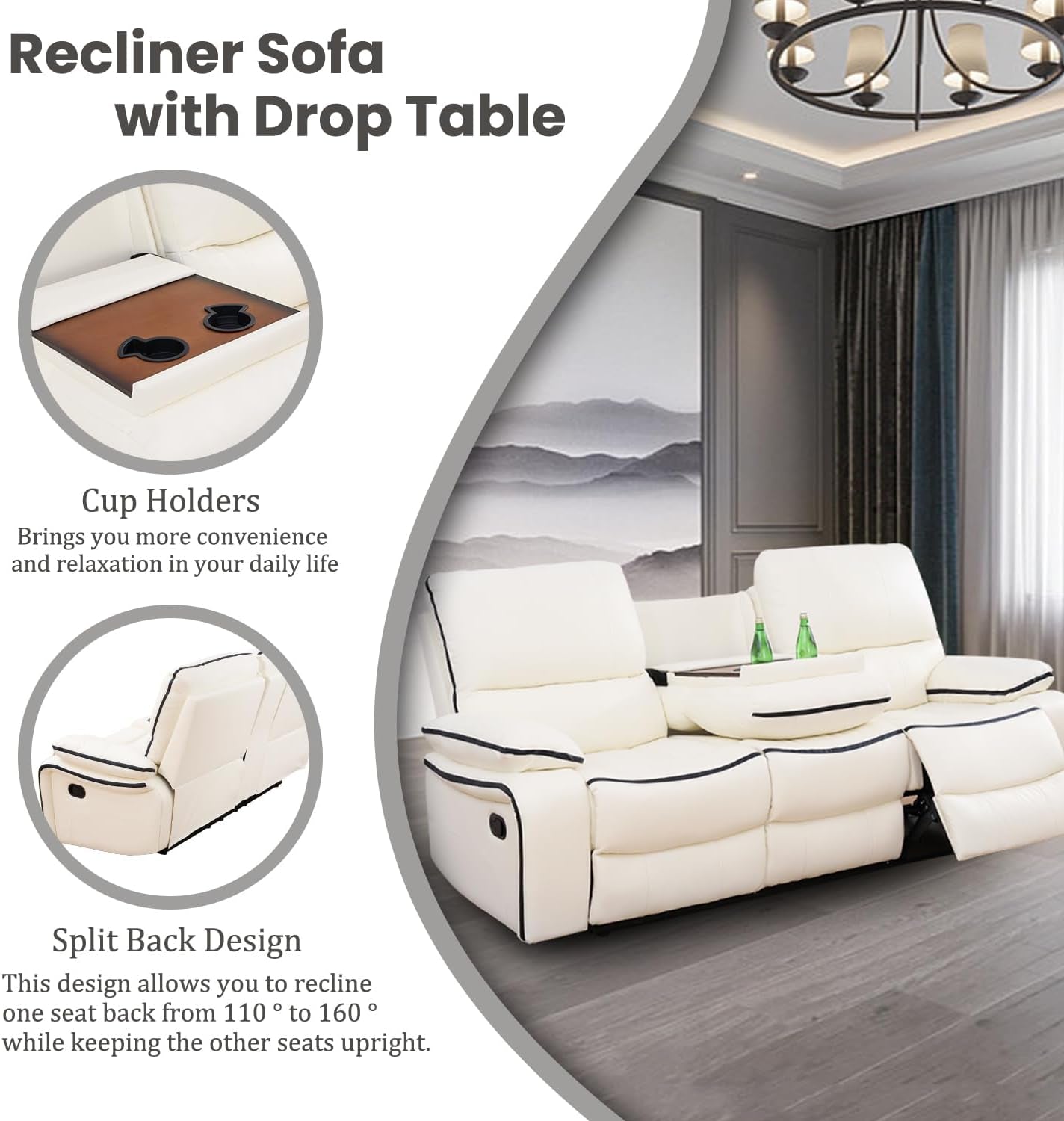 Recliner Sofa Set Bonded Leather, Living Room Furniture Set,Leather Sofa Set Reclining Sofa Manual Recliner Couch (Chair and Sofa Set,Cream White)-2